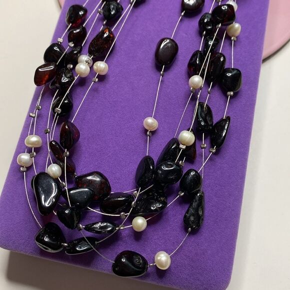 💛 Classic Sterling Silver Multi Strand Garnet & Pearl Illusion Necklace - Picture 3 of 4